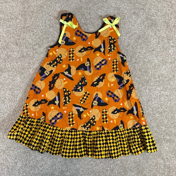 Handmade Other - Kids handmade Halloween Dress Witch Hats Masks‎ Orange Yellow Checkered Ruffle